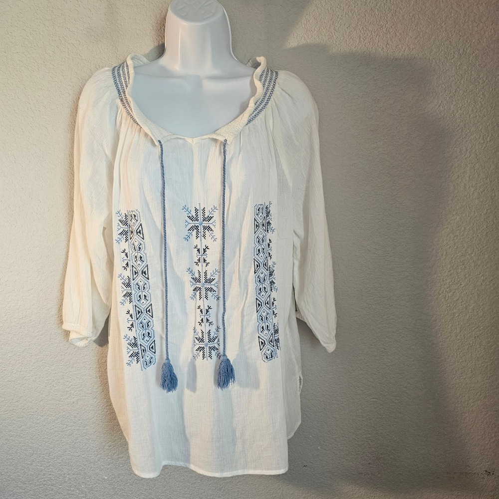 Avenue white cotton tunic‎ boho peasant top travel resort blue stitch xl